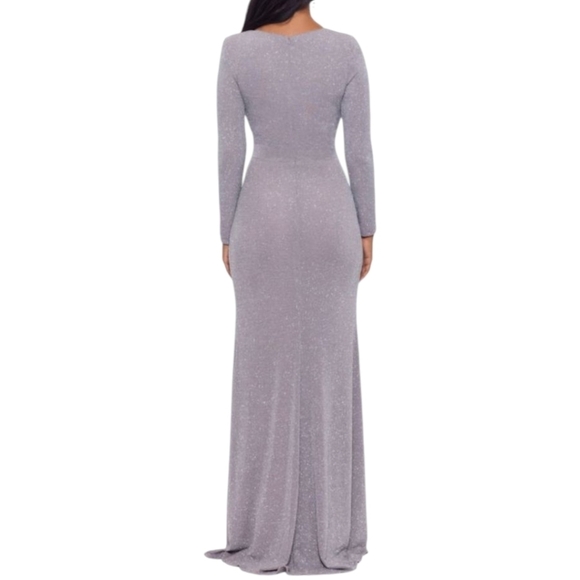 New Betsy & Adam Silver Gown Long Front Slit Sleeve Knit Party V Neck NWT Sz 10 - Picture 2 of 9